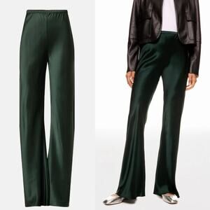 Silk Laundry Bias Cut Pants 100% Silk Satin Pull On High Rise Wide Leg Green S